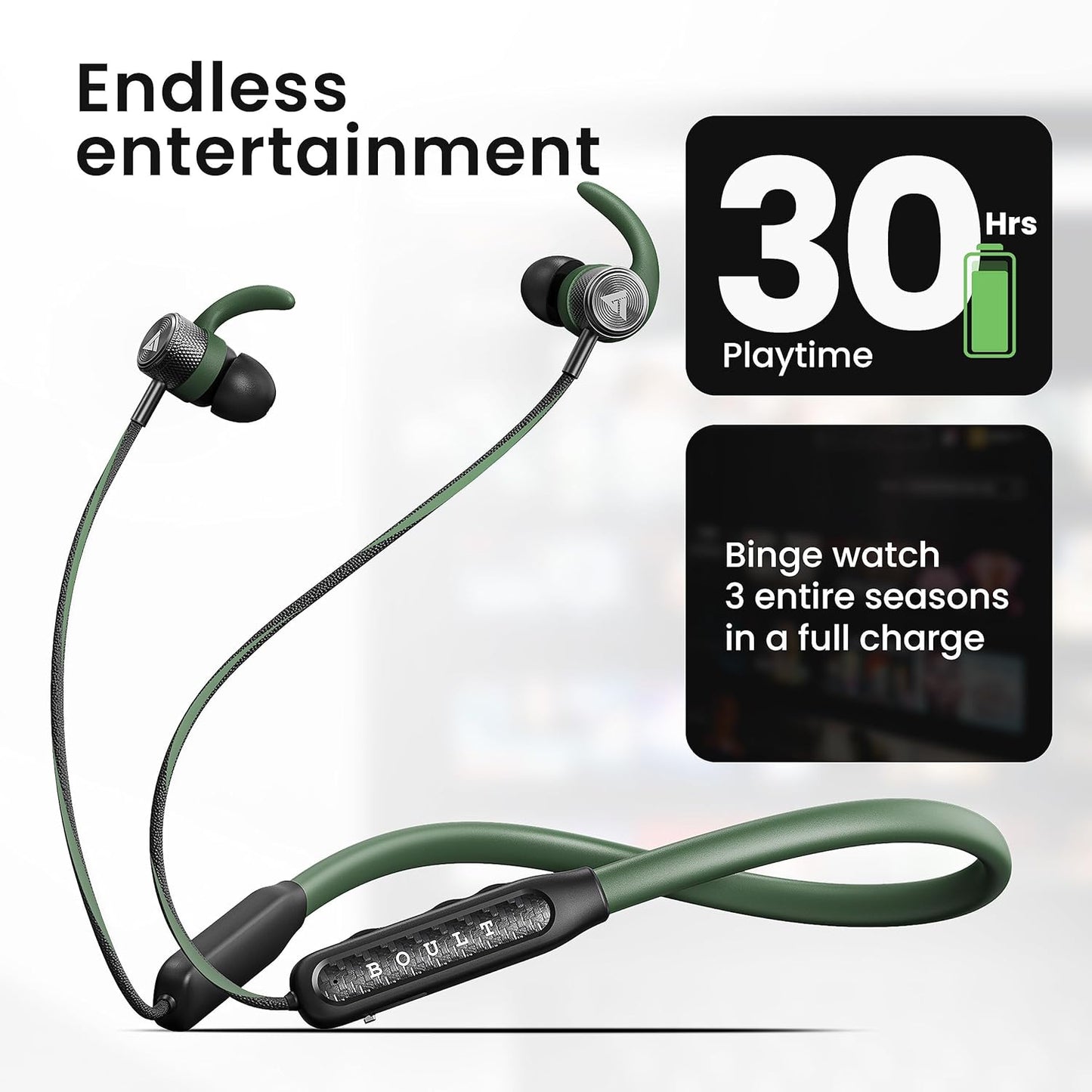 Boult Audio RCharge Wireless in Ear Bluetooth Earphones with ENC Mic, 30H Playtime, 50ms Low Latency Gaming Mode, Dual Pairing, Type-C Fast Charging (10Min=12Hrs), 10mm Bass Drivers Neckband (Green)