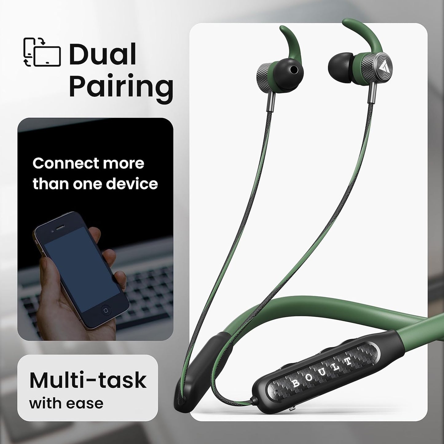 Boult Audio RCharge Wireless in Ear Bluetooth Earphones with ENC Mic, 30H Playtime, 50ms Low Latency Gaming Mode, Dual Pairing, Type-C Fast Charging (10Min=12Hrs), 10mm Bass Drivers Neckband (Green)