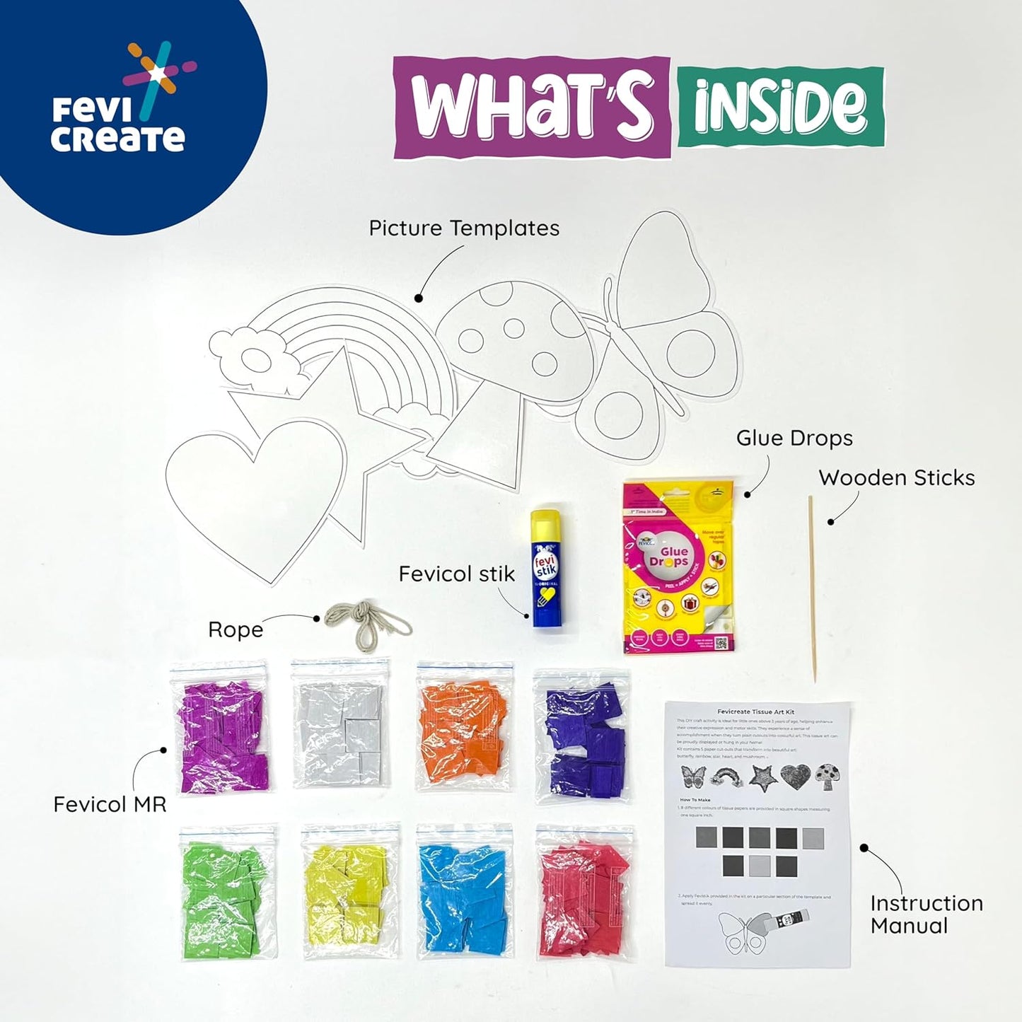 Fevicreate Tissue Art Kit, 5 Exciting Templates, Easy to Do for Kids 5+ Yrs, Art & Craft, Do It Yourself Kit