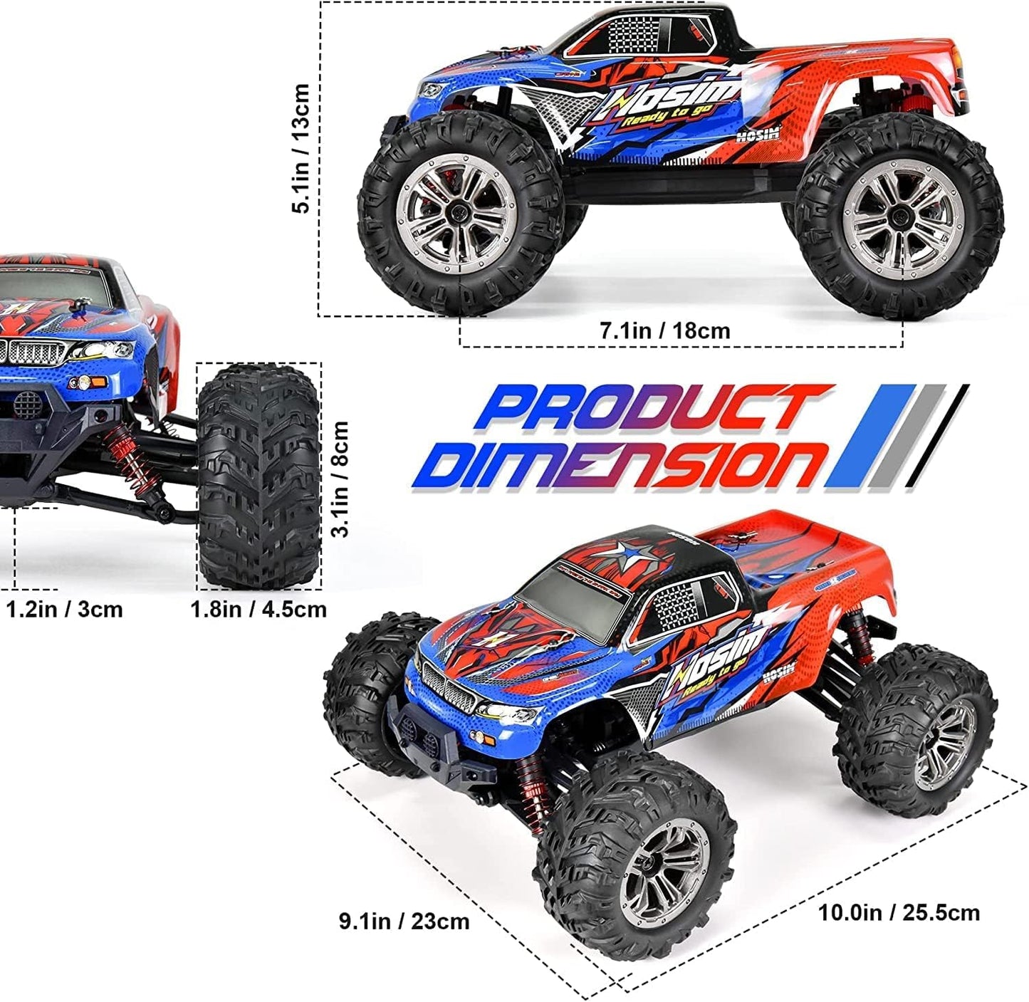 KIPIT Hobby Grade 1:16 Scale Remote Control Truck, 4WD Top Speed 40+ Kmh All Terrains Electric Toy Off Road RC Truck Vehicle Car Crawler with 1 Rechargeable Batterie for Boys Kids and Adults, Multi