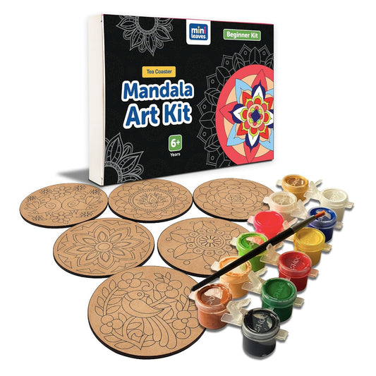 Mini Leaves Wooden Mandala Paint Kit Tea Coasters Art and Craft Kit, Colours, Painting Brush