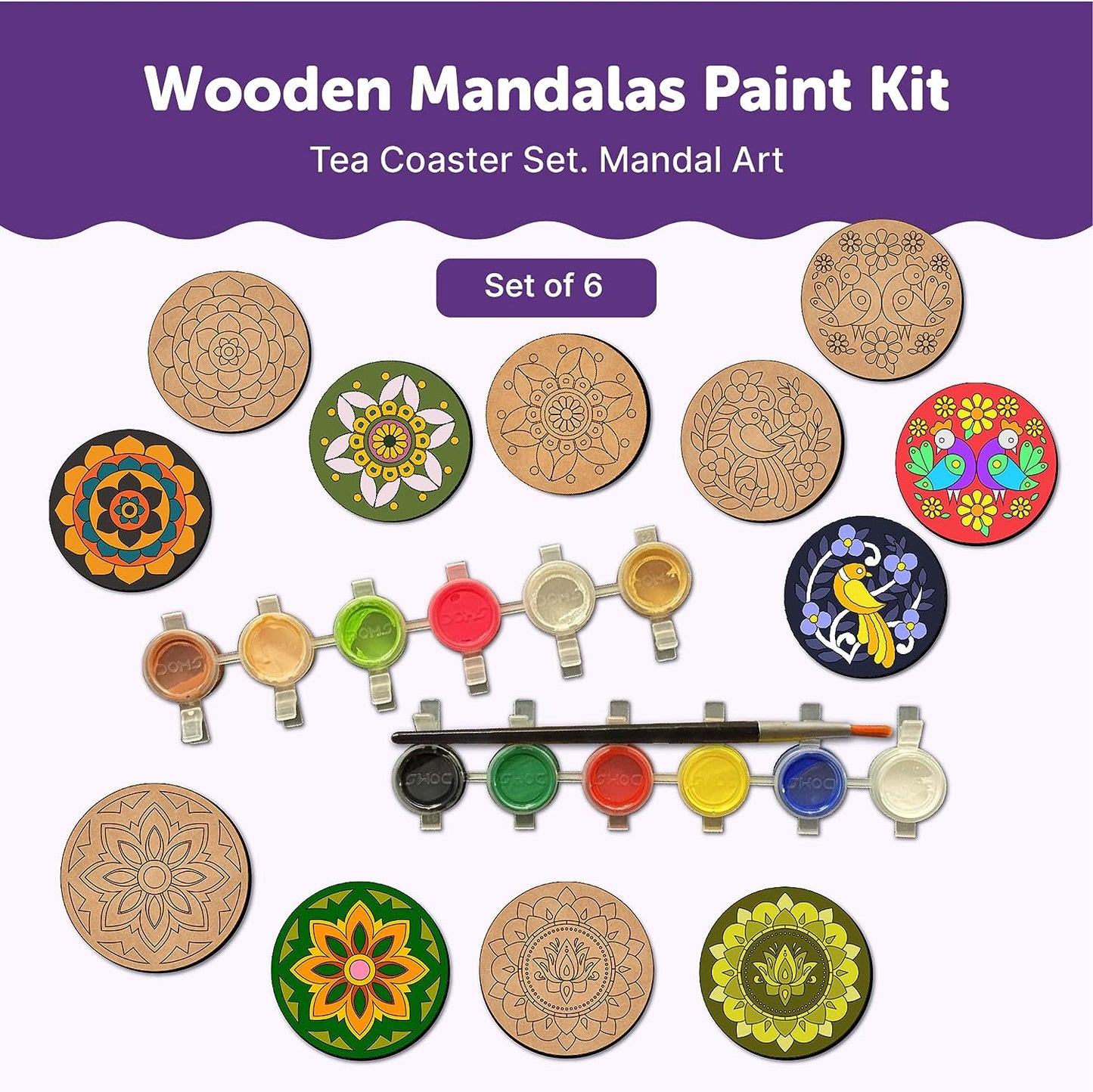 Mini Leaves Wooden Mandala Paint Kit Tea Coasters Art and Craft Kit, Colours, Painting Brush