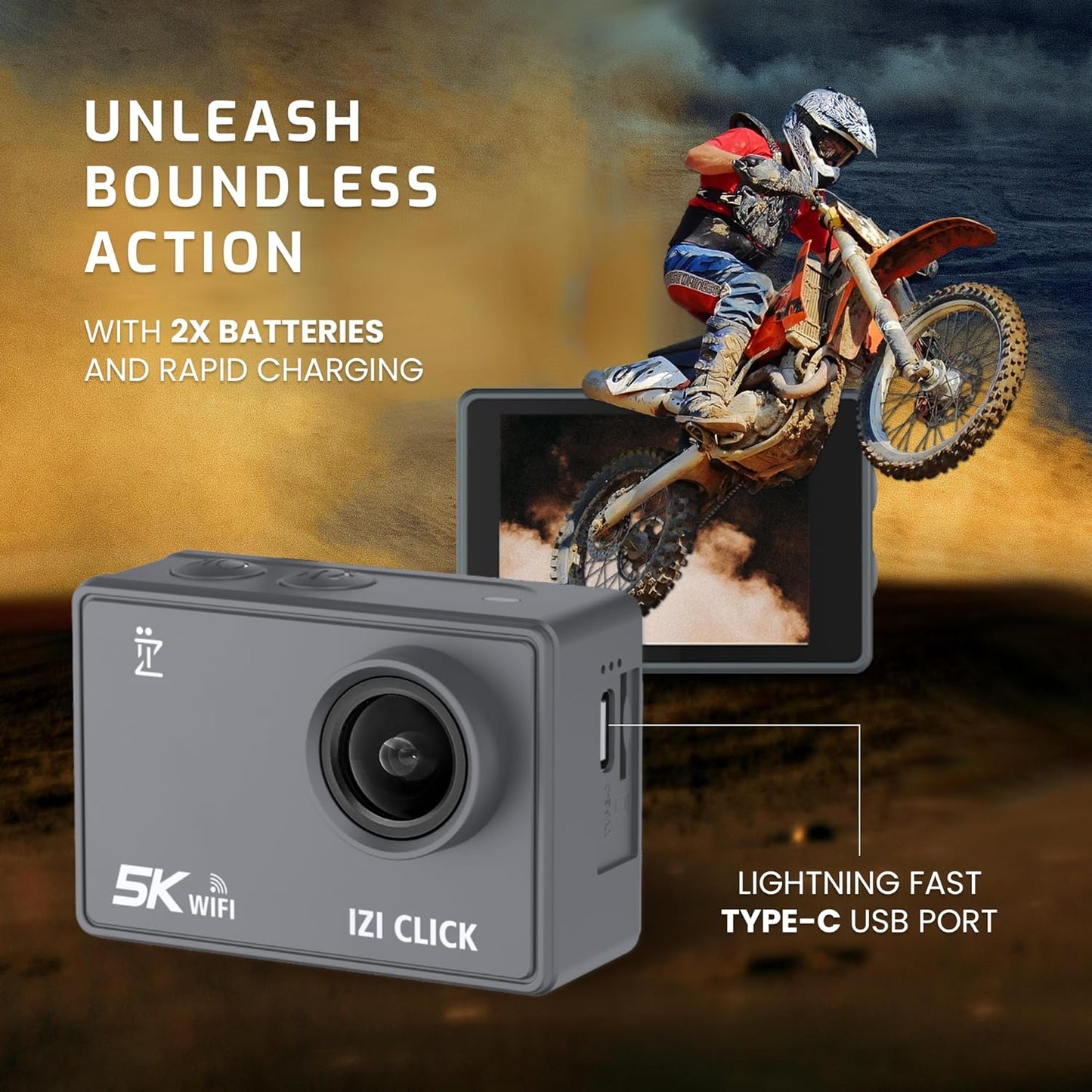 IZI Click 50MP Action Camera, 5K/30FPS, 170° HD Wide Angle, Anti-Shake EIS, Ideal for MotoVlog, YouTube, Instagram, Live Streaming. 110ft Waterproof, Type-C Mic Support, 2X 950mAh Batteries Included