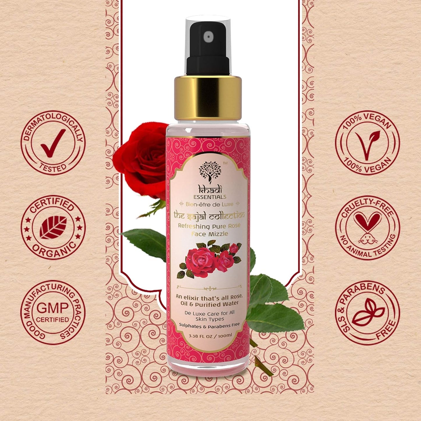 Khadi Essentials 100% Pure Wild Rose Water For Face, Deep Hydration with Deshi Gulaab, Alcohol Free, for Women & Men, 100ml