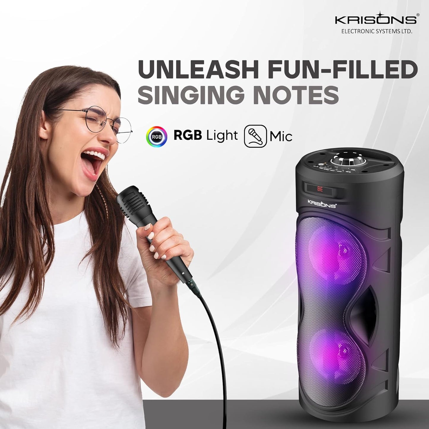 KRISONS Cylender 4" Double Woofer 40W Multi-Media Bluetooth Party Speaker with Wired Mic for Karaoke,2400 MAH Battery, Digital Display,RGB Lights, USB, SD Card, FM Radio,Auto TWS Function & Remote