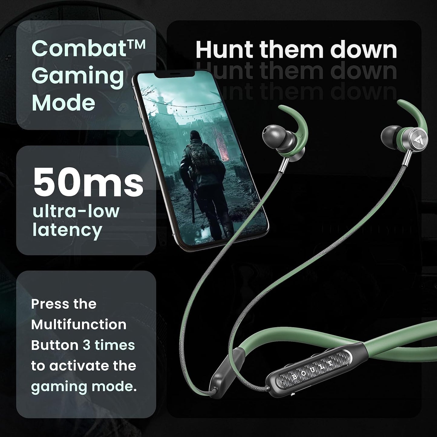 Boult Audio RCharge Wireless in Ear Bluetooth Earphones with ENC Mic, 30H Playtime, 50ms Low Latency Gaming Mode, Dual Pairing, Type-C Fast Charging (10Min=12Hrs), 10mm Bass Drivers Neckband (Green)