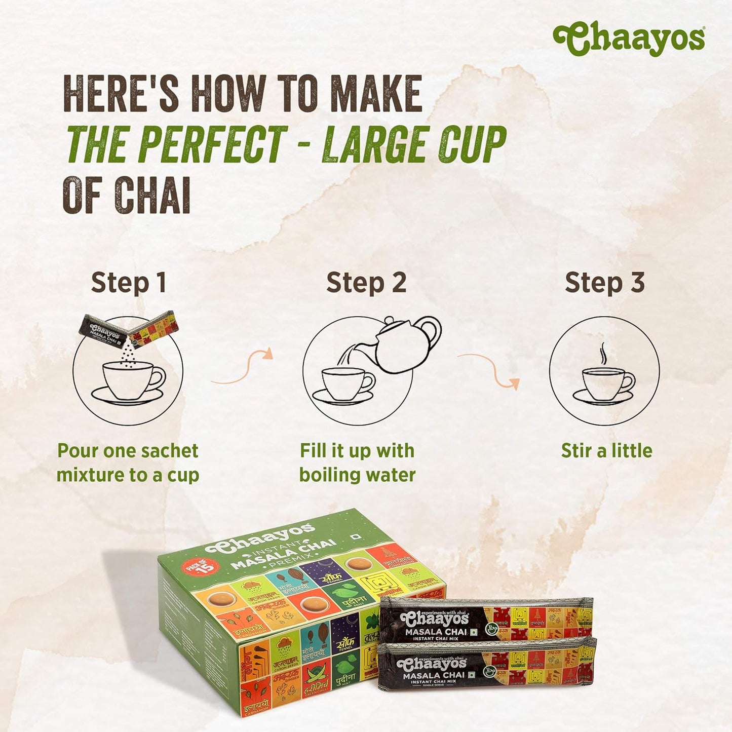 Chaayos Instant Tea Premix - Regular Sugar - Adrak Elaichi Chai (15 Sachets*22 grams =330 grams | Premix Ready Mix Tea | Assam Tea | Desi Chai | Flavoured Tea | Tea Mix