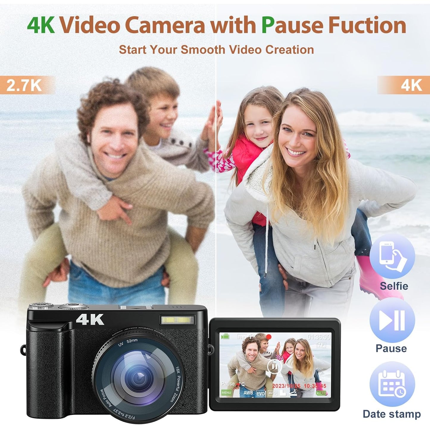 Fulealfly 4K Digital Camera For Photography And Video, 48Mp Vlogging Camera With Sd Card Autofocus Anti-Shake, 3'' 180° Flip Screen Digital Camera With Flash 16X Zoom, Compact Camera For Travel-Gb 128