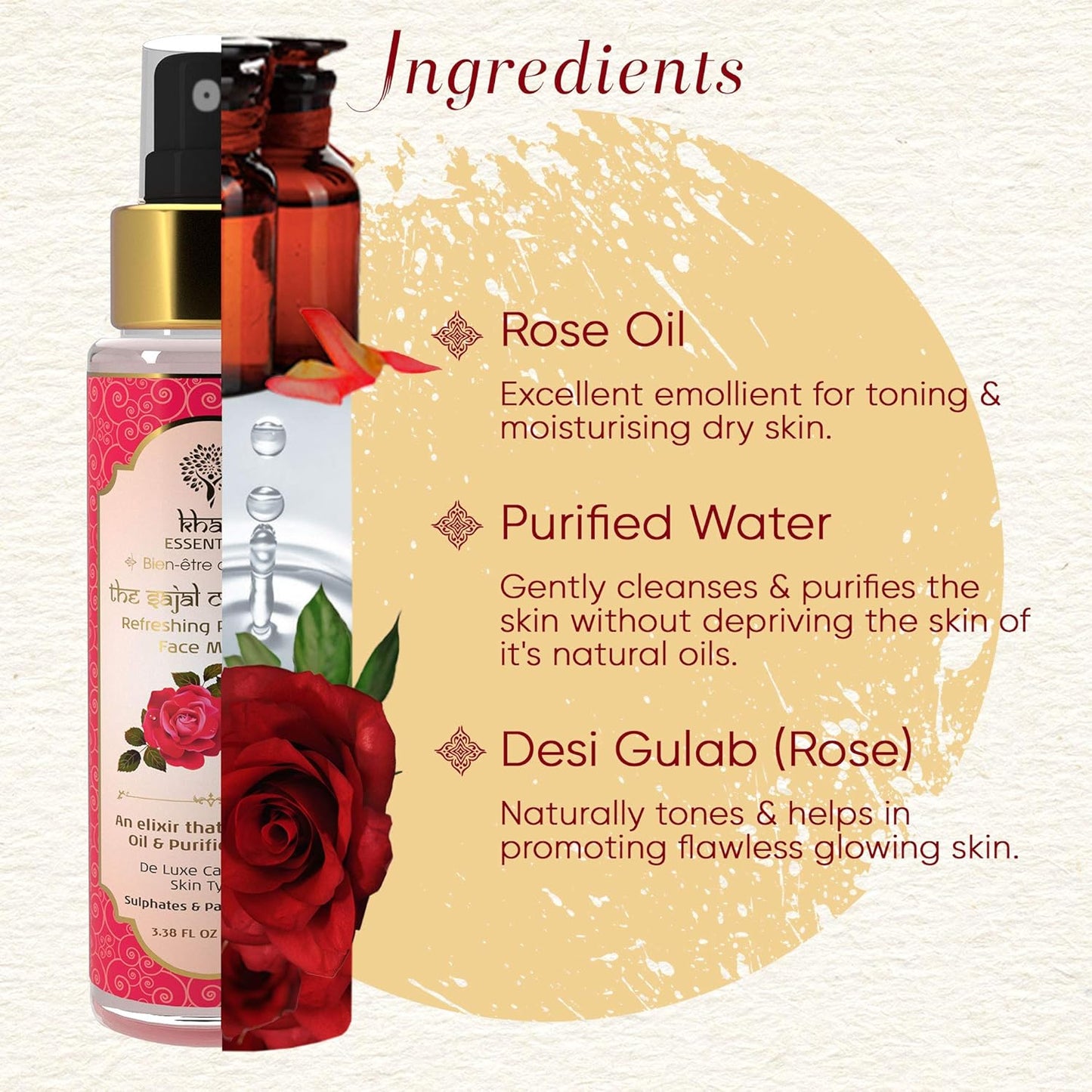 Khadi Essentials 100% Pure Wild Rose Water For Face, Deep Hydration with Deshi Gulaab, Alcohol Free, for Women & Men, 100ml