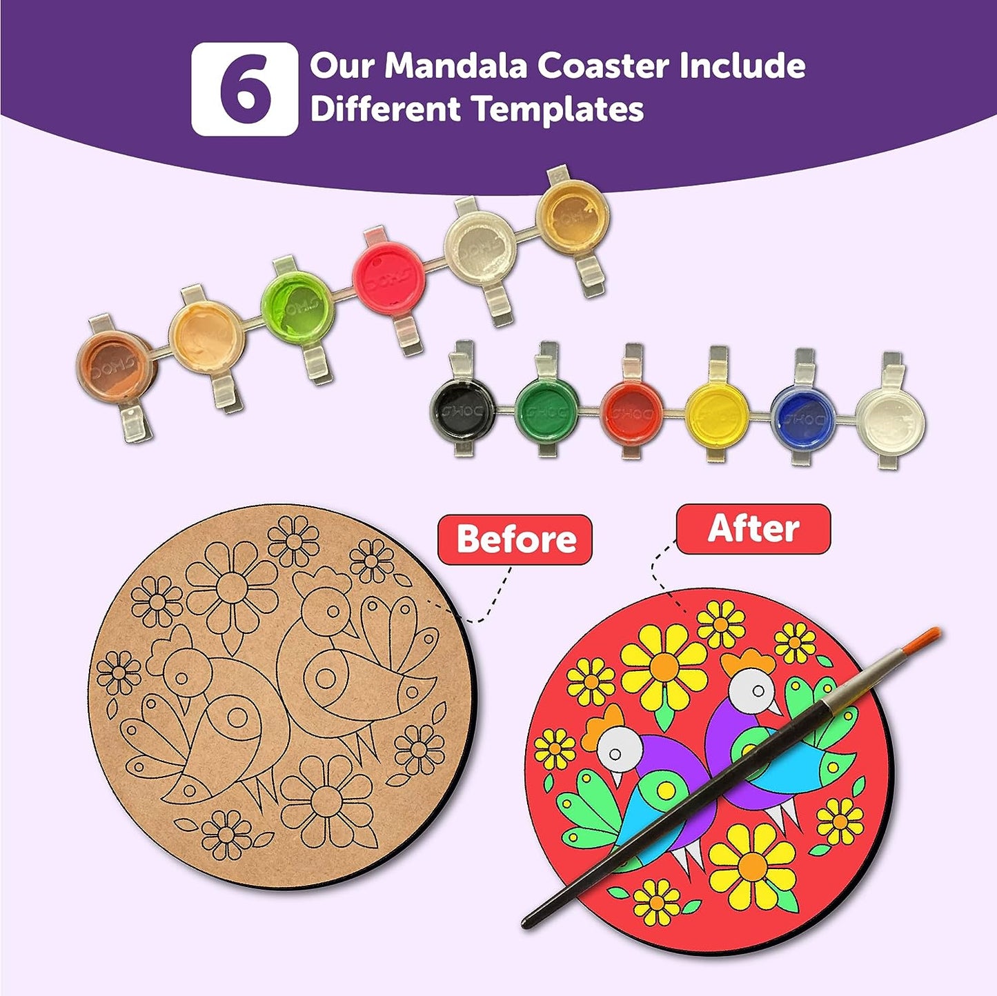 Mini Leaves Wooden Mandala Paint Kit Tea Coasters Art and Craft Kit, Colours, Painting Brush