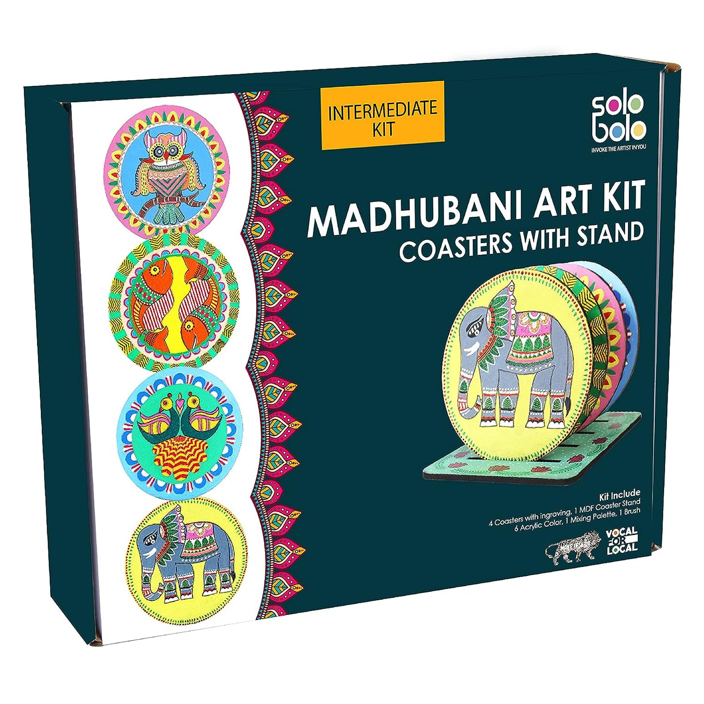 SOLOBOLO Madhubani Painting Kit Tea Coasters with Stand - Art and Craft kit for Girls 9-12, Coaster DIY Craft Kit, Painting kit for Kids 6-12, Gift for Children's (Multicolour Wood)