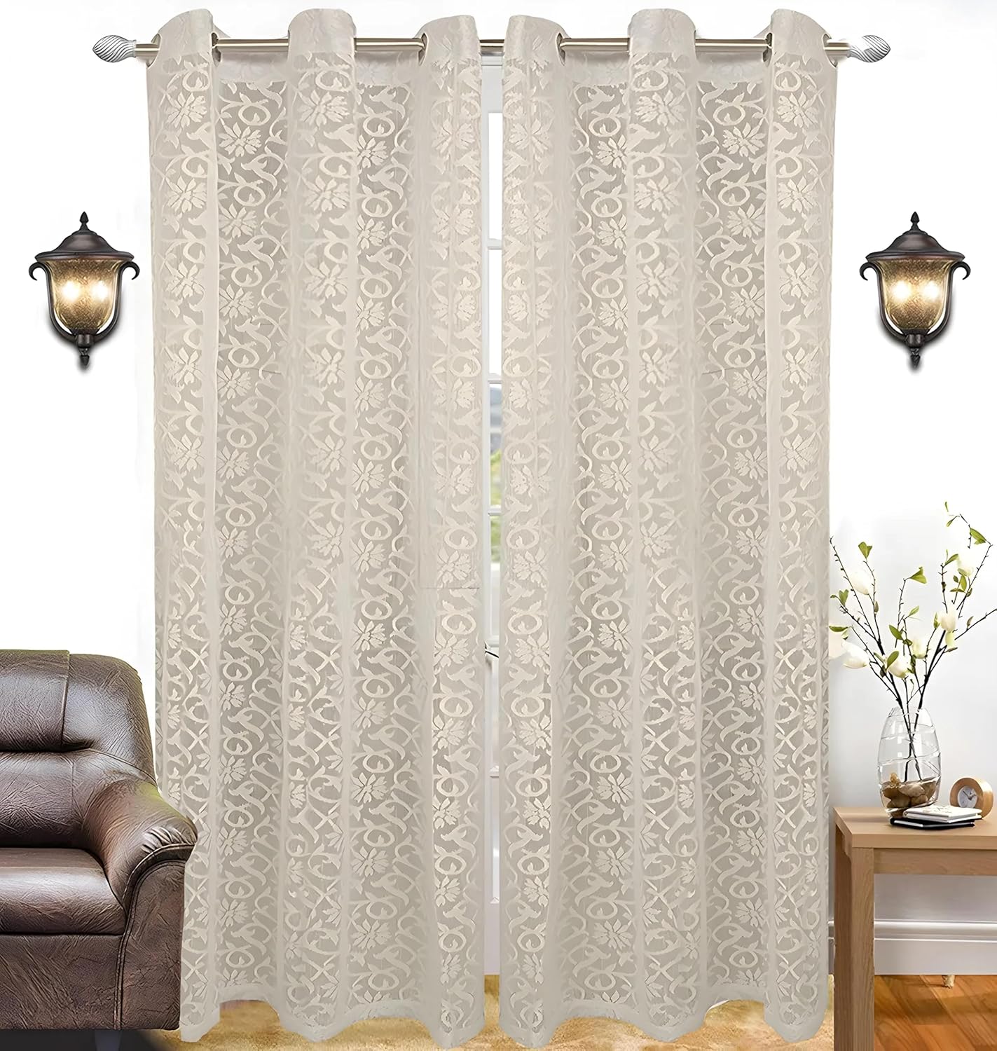 Kuber Industries Flower Design 2 Pieces Sheer Door Curtains 