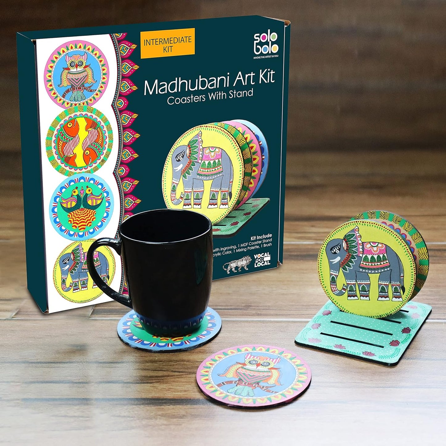 SOLOBOLO Madhubani Painting Kit Tea Coasters with Stand - Art and Craft kit for Girls 9-12, Coaster DIY Craft Kit, Painting kit for Kids 6-12, Gift for Children's (Multicolour Wood)