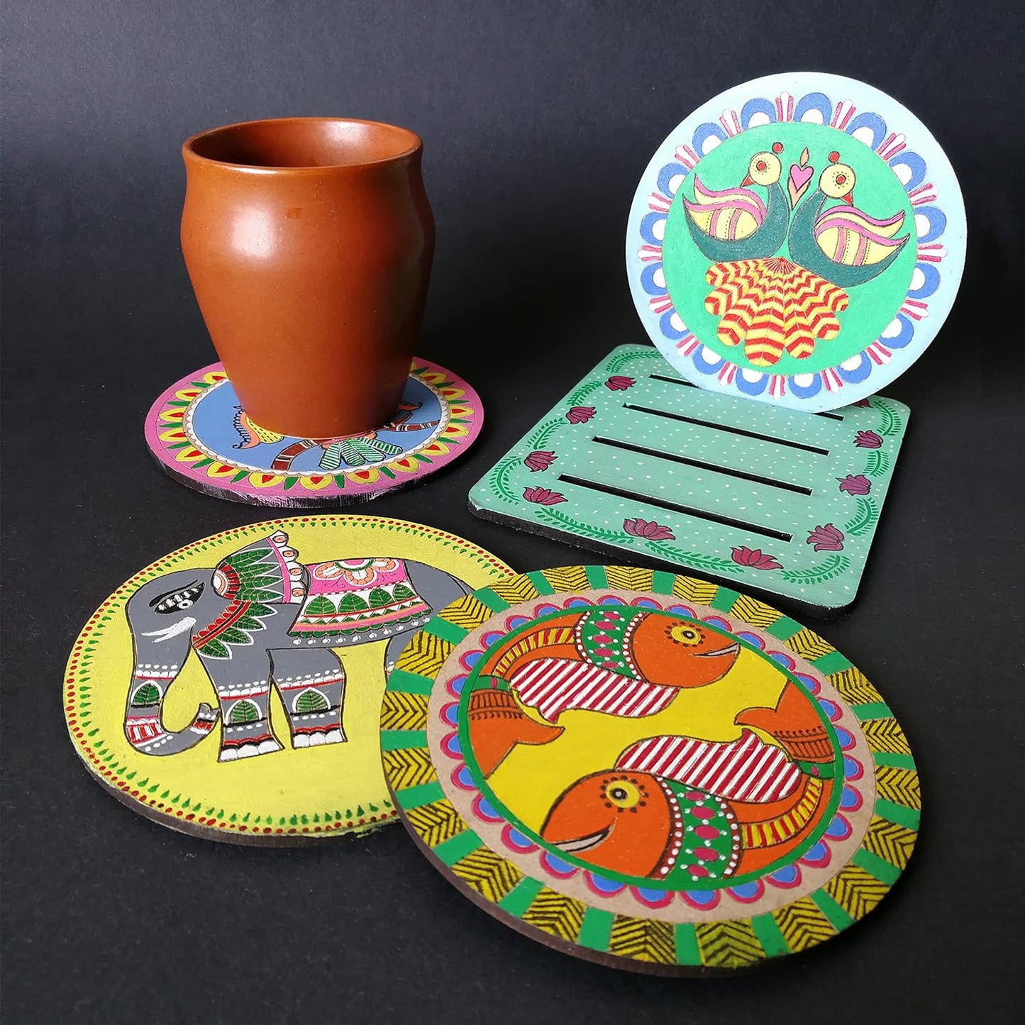 SOLOBOLO Madhubani Painting Kit Tea Coasters with Stand - Art and Craft kit for Girls 9-12, Coaster DIY Craft Kit, Painting kit for Kids 6-12, Gift for Children's (Multicolour Wood)