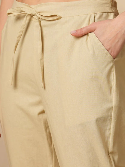 Beige Cotton Linen Straight Pants