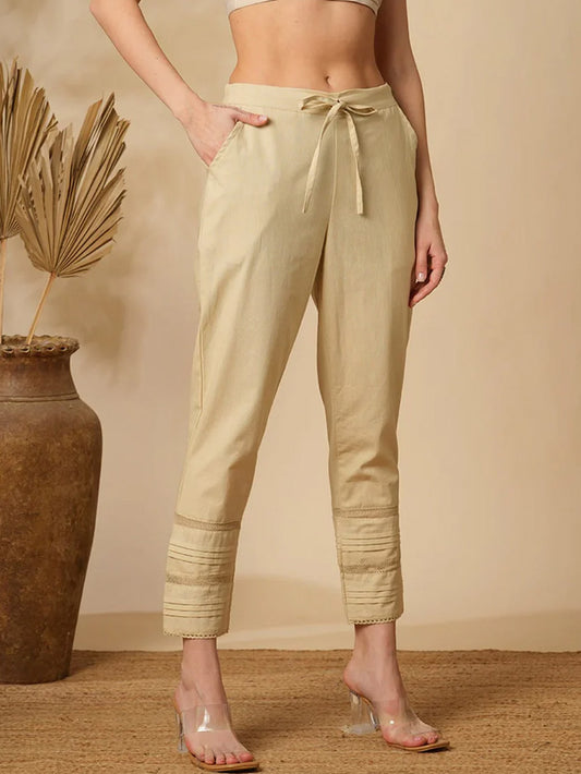 Beige Cotton Linen Straight Pants