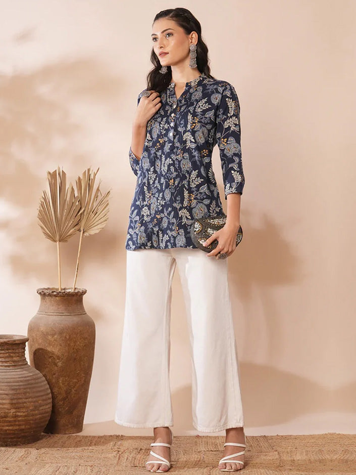 Blue Shirt with Floral Leaf Print