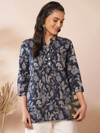 Blue Shirt with Floral Leaf Print