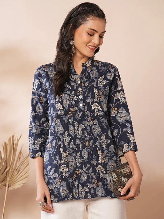 Blue Shirt with Floral Leaf Print