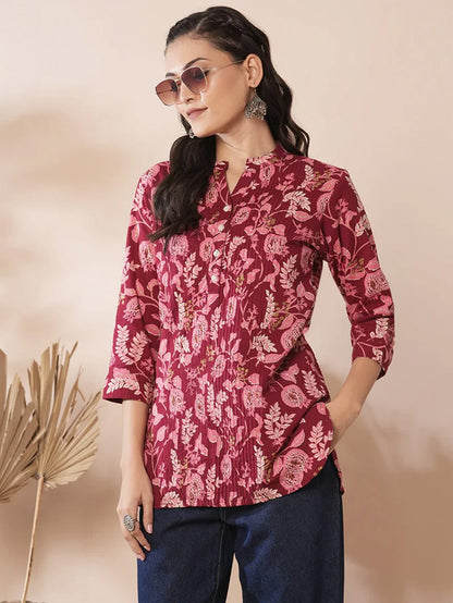 Red Shirt with Floral Leaf Print