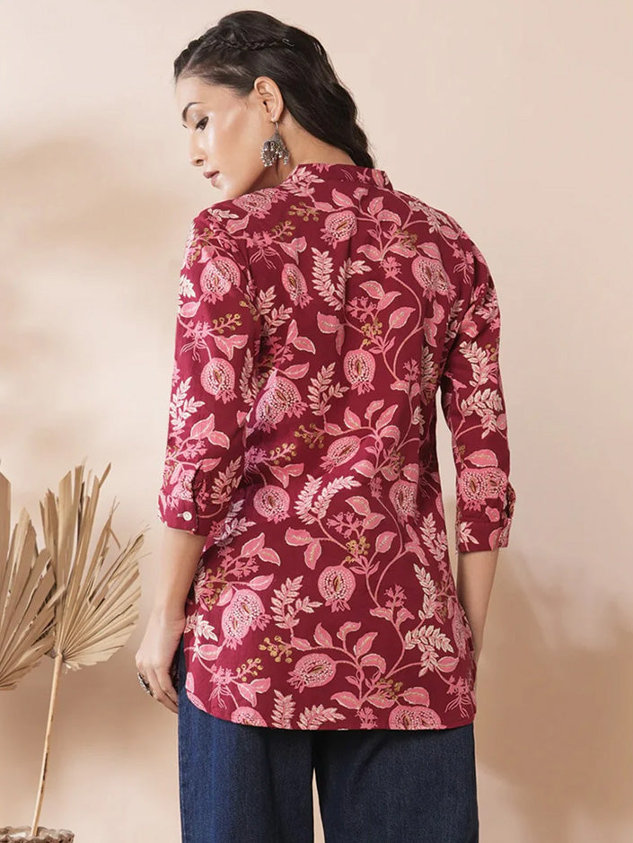 Red Shirt with Floral Leaf Print