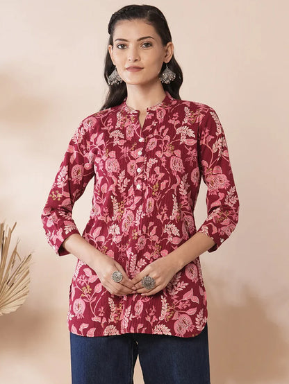 Red Shirt with Floral Leaf Print