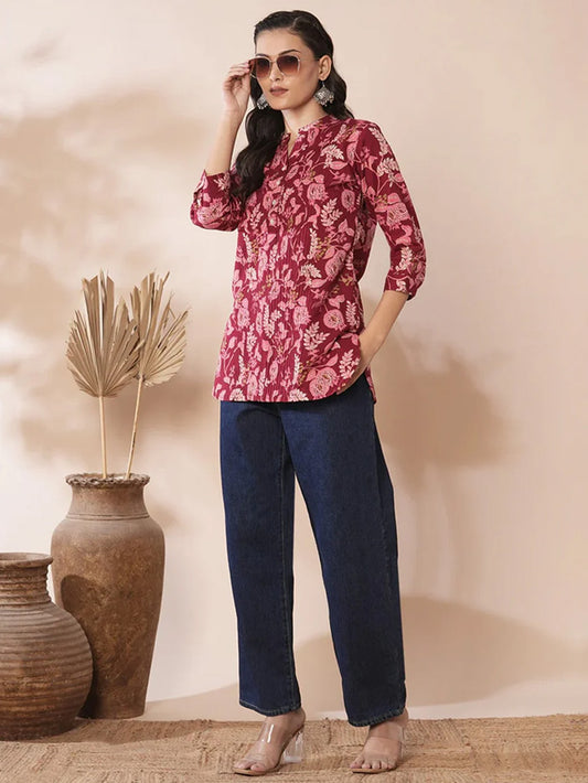 Red Shirt with Floral Leaf Print