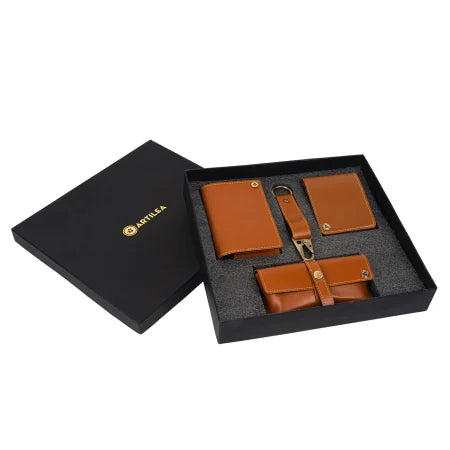 Premium Vegan Leather Wallet Set For Men - Tan